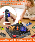 Child playing with USB Powered 1 64 Diecast Car Drift Pad With Spinning Track Adjustable Speed And Direction Magnetic Under Car Pad 5 Decoration Options Display Stand Works With All 1 64 Scale Cars Black on table with model cars.