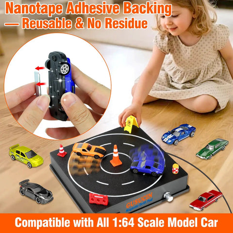 Child playing with USB Powered 1 64 Diecast Car Drift Pad With Spinning Track Adjustable Speed And Direction Magnetic Under Car Pad 5 Decoration Options Display Stand Works With All 1 64 Scale Cars Black on table with model cars.