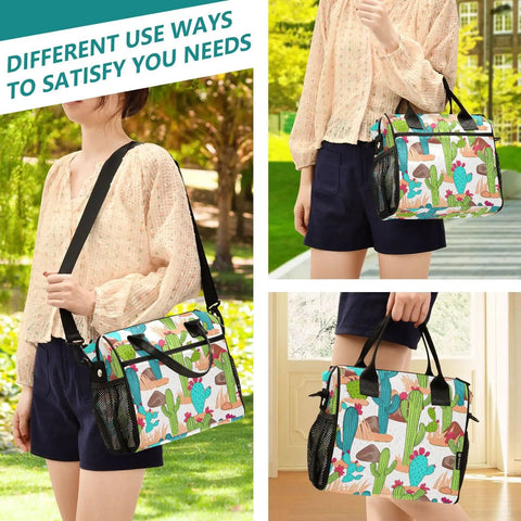 Woman holding Cactus Desert White Insulated Lunch Bag For Women And Men, Reusable Cooler Lunch Box in various settings