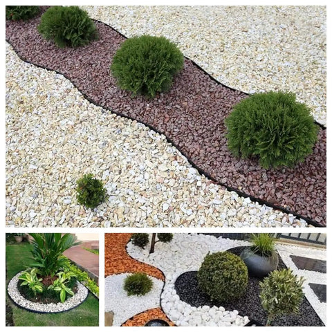 60 Foot Plastic Landscape Edging No Dig Black Lawn Border With 72 Stakes used in garden design with plants and stones.