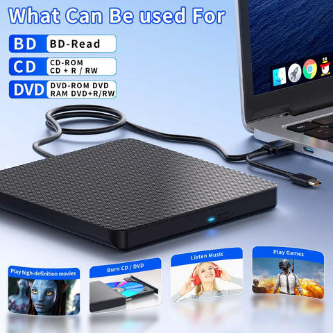 External Blu Ray Drive Read Write Burner With USB 3.0 And Type C, BD DVD CD Burner For PC Mac Windows 7 11, Plug And Play Blu Ray Player, 6X Faster Than USB 2.0, Supports 100GB Blu Ray Discs Black, external slim drive connected to a laptop