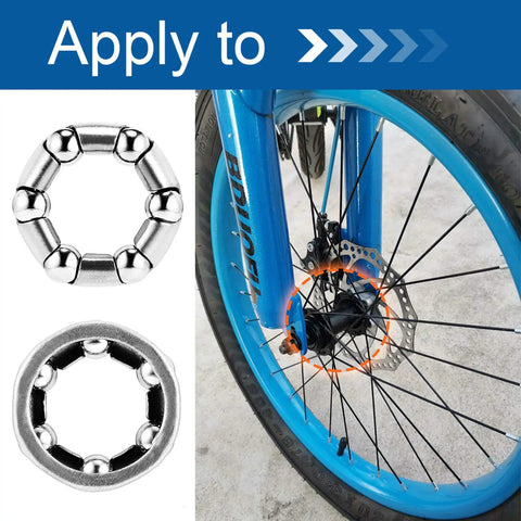 Bike Wheel Bearings 3/16 Inch 6 Balls Retainer Set for Front Wheel Bottom Bracket Replacement Bicycle Axle and Frame Bearing Kit Pro Grade Stainless Steel Repair Accessories for Kids Bikes, shown with blue front bike wheel and disc brake.