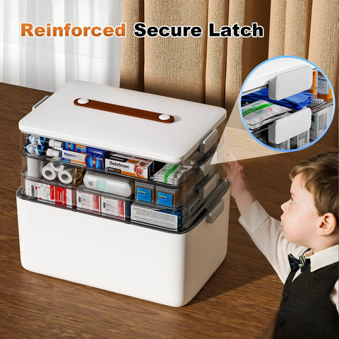 White four-tier medicine storage box organizer with top handle, removable tray, and clear drawers.