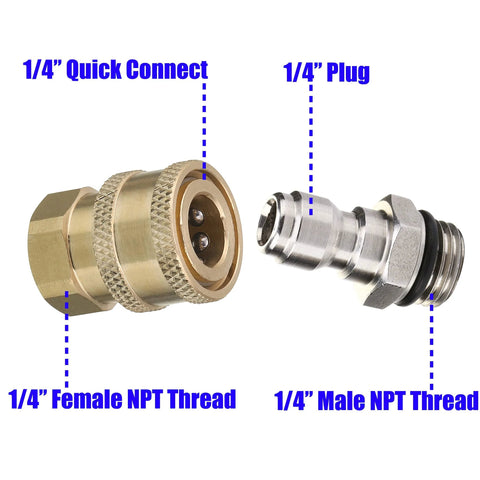 M MINGLE pressure washer adapter set, brass 1/4-inch female NPT quick-connect and silver 1/4-inch male NPT plug.