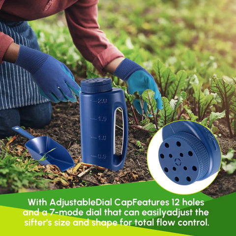 Versatile Handheld Spreader Set With Scoop And Gloves For Grass Seed Fertilizer Salt And Ice Melt No Clog Design All Season Yard Spreader With 12 Adjustable Holes And Smooth Flow Channels 67 Oz Capacity on garden soil