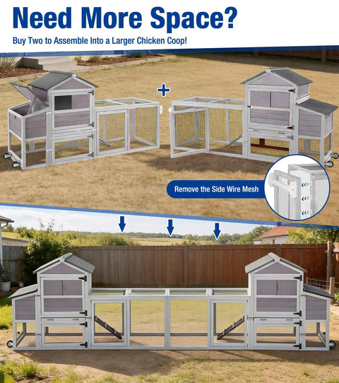 Mobile Chicken Coop With Run And Wheels, duplex setup showing assembly to extend outdoor hen house in backyard or garden.