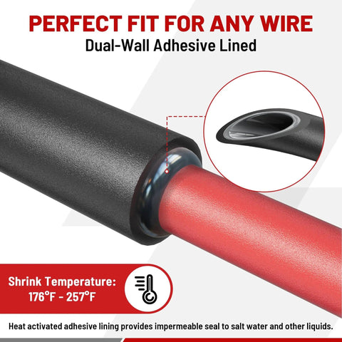 Adhesive-Lined Heat Shrink Tubing Kit Marine Grade 320 Pieces 3 To 1 Shrink Ratio showing dual-wall and temperature range