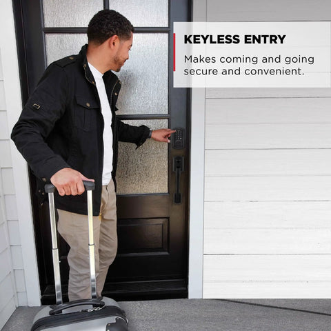 Man using SmartCode 270 Keyless Entry Door Lock With Touchpad For No Keys Needed Auto Lock Custom User Codes And Strong Security In Matte Black Finish on a door