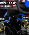Close-up of 24V Dual 200W Electric Go Kart for Kids 6 to 12 pedals showing brake and accelerator, blue steering wheel visible.