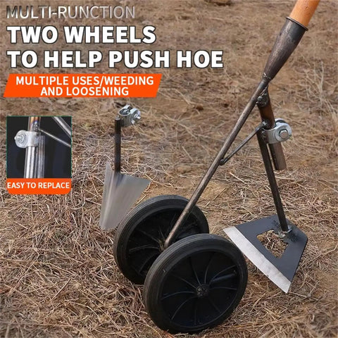 Durable Handheld Garden Tillers 3 In 1 Rotary Cultivator And Wheel Hoe with two wheels for digging, weeding, and planting.