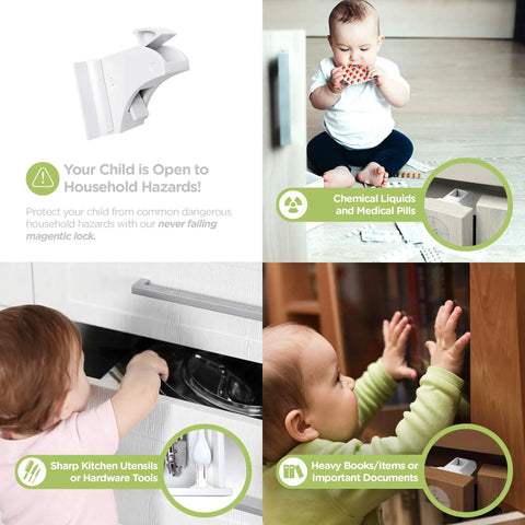 Collage showing magnetic cabinet locks for baby proofing and child safety with no screws or tools, easy install with 3M adhesive.