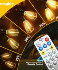 Remote control for 100Ft Solar String Lights Outdoor Waterproof with dimmable LED Shatterproof ST38 Bulbs, showcasing varied light intensities.