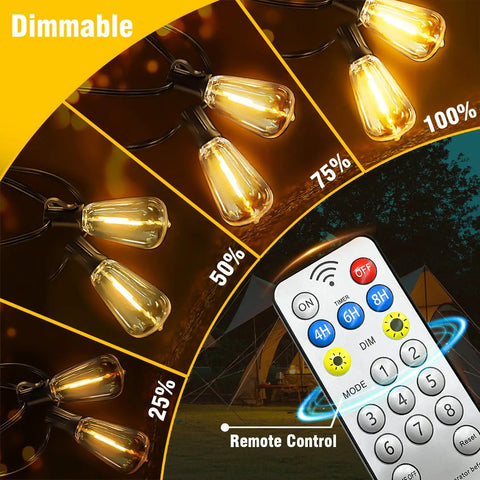 Remote control for 100Ft Solar String Lights Outdoor Waterproof with dimmable LED Shatterproof ST38 Bulbs, showcasing varied light intensities.
