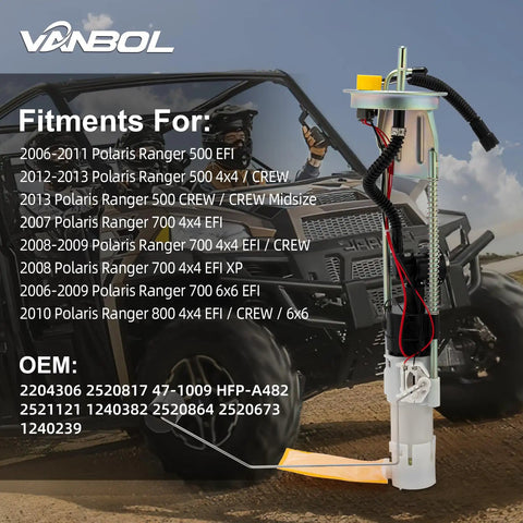 Fuel Pump Assembly For Polaris Ranger EFI 500 700 800 CREW 4x4 6x6 UTVs replacement part shown with detailed specifications
