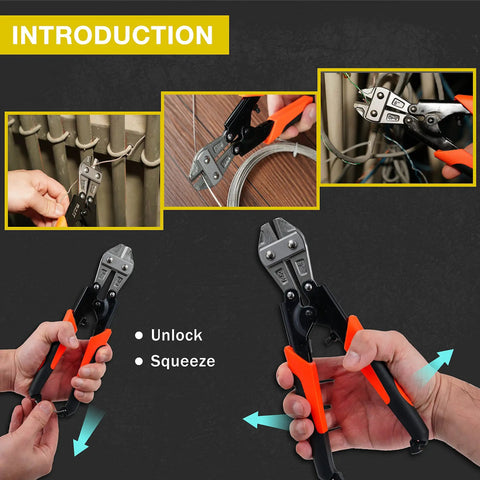 Industrial Heavy Duty Bolt Cutter Set 14 Inch And Mini 8 Inch High Leverage Cable Cutters in use on wire and locks