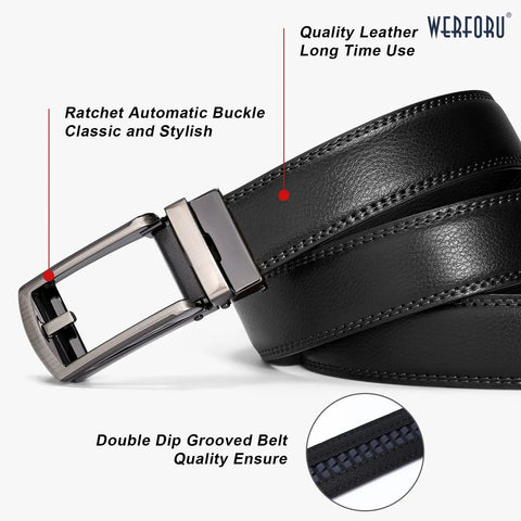 Premium Leather Ratchet Dress Belt For Men With Automatic Buckle, Easy Tug And Click Adjustable Fit Up To 50 Inches, black leather