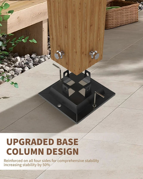 Close-up of a column base for 10x10 Ft Outdoor Pergola With Retractable Canopy, Metal Gazebo With Imitation Wood Grain Columns
