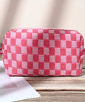 Large Checkered Makeup Bag Canvas Cosmetic Organizer For Travel And Daily Use Rose Red Design Big Capacity