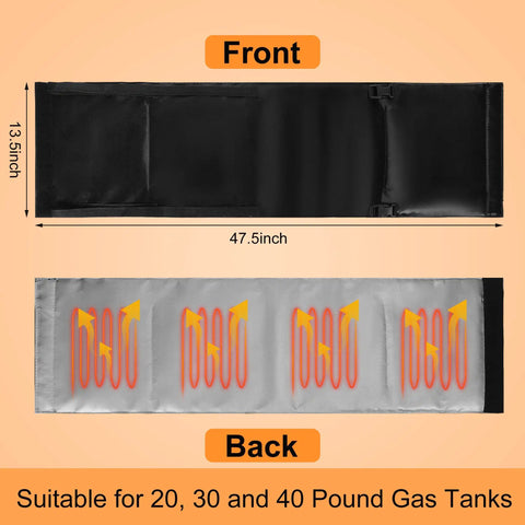Gas Cylinder Heater Wrap with Thermostatic Control for 20, 30, and 40 lb LP Tanks, shown in front and back view.