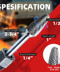 Tungsten carbide rotary burr bit with 1/4" shank and 1/2" cutting diameter, SF-5 double-cut, storage case