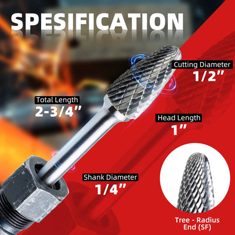Tungsten carbide rotary burr bit with 1/4" shank and 1/2" cutting diameter, SF-5 double-cut, storage case