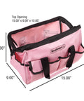 Pink carrying bag from Pink 123 Piece Tool Kit With Carrying Bag Heat Treated Steel Hand Tools And Repair Set For Apartments Dorms And Homeowners All Your Must Have DIY Essentials For Quick Fixes And Everyday Projects. Size 15x9x10"