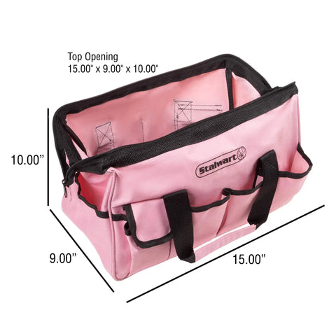 Pink carrying bag from Pink 123 Piece Tool Kit With Carrying Bag Heat Treated Steel Hand Tools And Repair Set For Apartments Dorms And Homeowners All Your Must Have DIY Essentials For Quick Fixes And Everyday Projects. Size 15x9x10"
