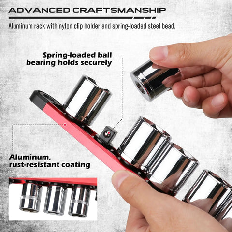 Hands attaching socket to aluminum Socket Holder Organizer Set With Magnetic Trays For 1/4, 3/8, 1/2 Inch Sockets, 9-Piece Detachable Trays.