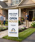 Heavy Duty Adjustable X Banner Stand With Sturdy Aluminum Frame And Durable Travel Case Perfect For Trade Shows Street Fairs Or Urban Hustles, displayed at a home open house.