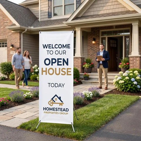 Heavy Duty Adjustable X Banner Stand With Sturdy Aluminum Frame And Durable Travel Case Perfect For Trade Shows Street Fairs Or Urban Hustles, displayed at a home open house.
