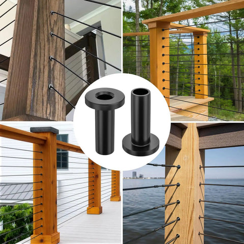 Durable Built To Last Cable Railing Protector Sleeves 50 Pack T316 Marine Grade Stainless Steel For Wood Posts Fits One Eighth Three Sixteenth And Five Thirty Second Inch Cables Coastal Ready Deck Hardware Kit, showcasing installation on wood posts with various cable railing designs.