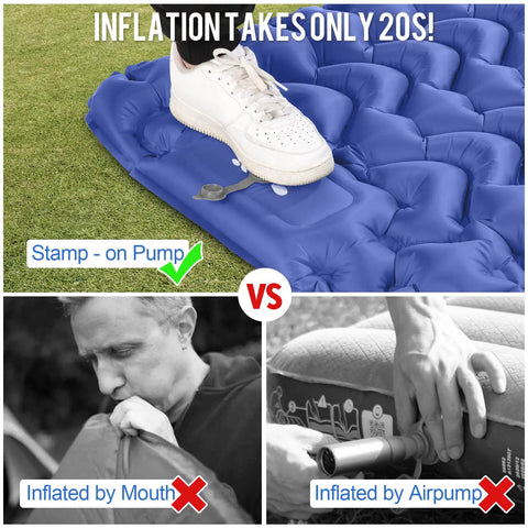 Ultralight Sleeping Pad With Built-In Pump For Camping And Hiking being inflated on blue pad with stamp-on foot pump