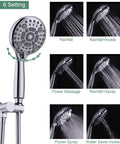 Ultimate Rain Shower System With 8.5 Inch Round Rain Head, Multi Function Handheld Spray, Chrome Finish, show six spray settings.