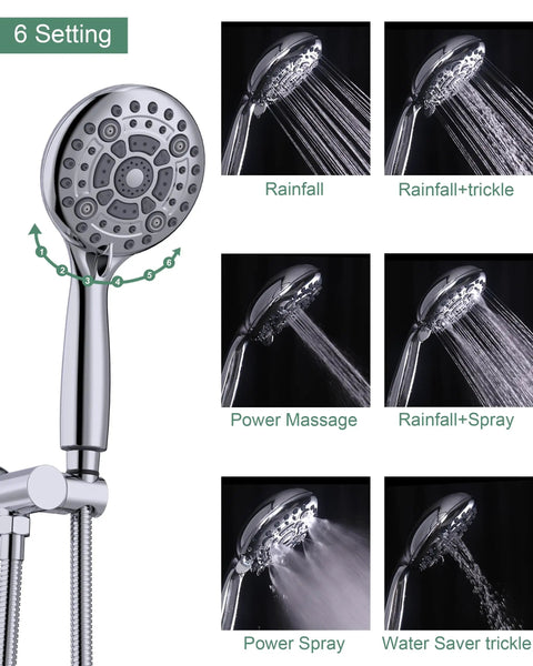 Ultimate Rain Shower System With 8.5 Inch Round Rain Head, Multi Function Handheld Spray, Chrome Finish, show six spray settings.
