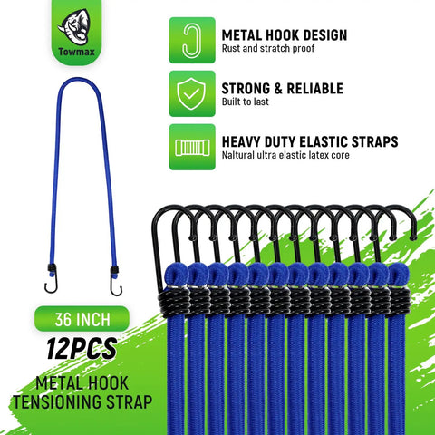 Heavy Duty 36 Inch Bungee Cords With Hooks, 12 Pack, All Weather UV Resistant Outdoor Bungee Cords For Camping Kayaking And Gear Tie Downs