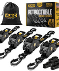 Heavy Duty Retractable Ratchet Straps 4 Pack With Soft Loops And Storage Bag Self Retracting Tie Down Straps For Motorcycle Truck Trailer Or Cargo Van 1200 Pound Break Strength 1 Inch By 10 Feet displayed with packaging and storage bag.