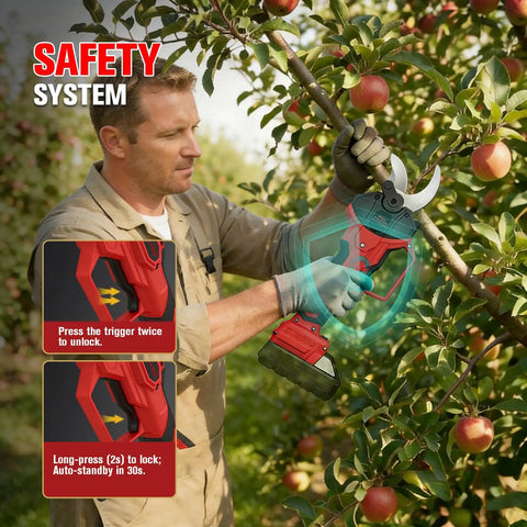 Close-up of Heavy Duty Cordless Pruning Shears with 1.6 Inch Cut compatible with Milwaukee 18v packs, featuring SK7 blades.