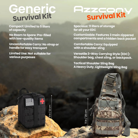 Comparison of All In One Survival Gear Kit For Ready For Any Situation Get Home Ready Bugout Backpack vs generic pouch on rocky landscape