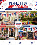All American Stars And Stripes Flag Bunting Garland Triangle Banner For Fourth Of July Memorial Day And Patriotic Parties 5x7 Inch Flags On An 8.2 Ft Rope Durable Natural Fabric Pre Strung And Reusable Decor displayed at various events.
