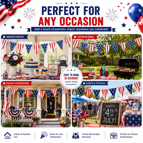 All American Stars And Stripes Flag Bunting Garland Triangle Banner For Fourth Of July Memorial Day And Patriotic Parties 5x7 Inch Flags On An 8.2 Ft Rope Durable Natural Fabric Pre Strung And Reusable Decor displayed at various events.
