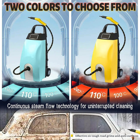 Powerful 3000W High Pressure Steam Cleaner With Huge 3.5 Liter Water Tank And Fast 40 Second Heat Up Time For Deep Cleaning Homes Cars And Commercial Spaces With Included Accessories Easy To Move Around in two color options.