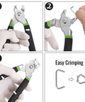 Hog Ring Pliers Kit With 110 Three Quarter Inch Galvanized Rings for Fencing and Auto Upholstery showing usage steps