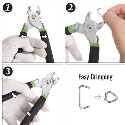 Hog Ring Pliers Kit With 110 Three Quarter Inch Galvanized Rings for Fencing and Auto Upholstery showing usage steps