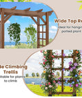 7 Foot Wooden Garden Arbor Trellis With Wide Arch And Strong Side Trellises For Climbing Plants Outdoor Wedding Arch For Ceremony And Party Pergola For Roses And Vines Easy Assembly Dark Brown Finish Perfect Yard Pathway Decor showing top roof with hanging plants and trellis with flowers