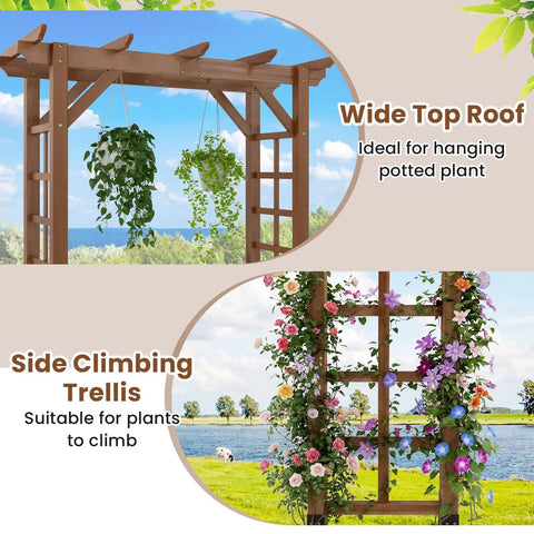 7 Foot Wooden Garden Arbor Trellis With Wide Arch And Strong Side Trellises For Climbing Plants Outdoor Wedding Arch For Ceremony And Party Pergola For Roses And Vines Easy Assembly Dark Brown Finish Perfect Yard Pathway Decor showing top roof with hanging plants and trellis with flowers