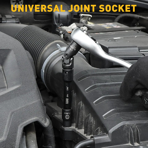 Heavy Duty Three Eighth Inch Drive Extension Bar Set With Three Six And Ten Inch Extensions Plus Universal Joint Socket in engine bay