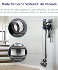 Replacement HEPA Filter Set For VortexIQ 40 Cordless Vacuum Cleaner 3 Pack Includes One Main Filter And Two Pre Filters shown with vacuum