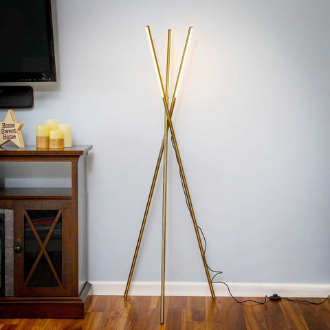 LED Tripod Floor Lamp For Living Room And Bedroom, Dimmable Modern Standing Lamp With 3 Lights in gold antique brass finish