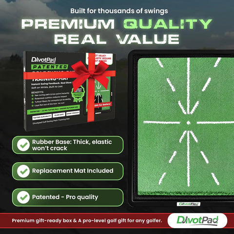 Box and surface of Patented Golf Training Mat With Real Give For Indoor And Outdoor Practice, 12 mm tufted turf shown.