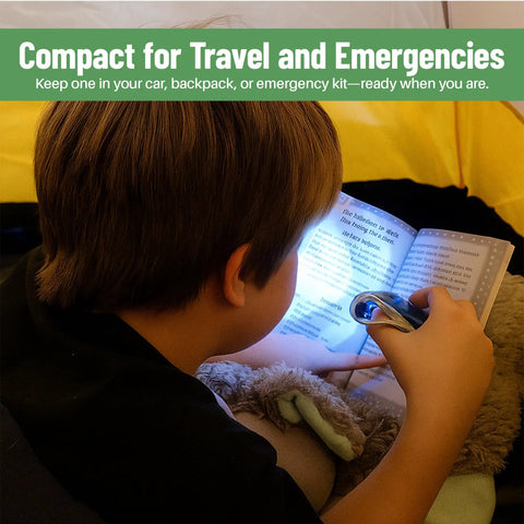Child reading with Hand Crank Emergency Flashlight Pack 12 Units Rechargeable Crank Light With Dual LED Beams under blanket